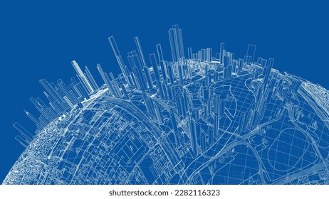 3d city sphere. Vector rendering of 3d. Wire-frame style. The layers of visible and invisible lines are separated