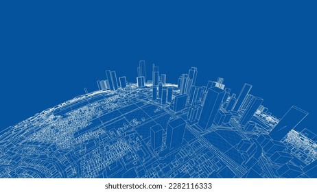 3.ª esfera de la ciudad. Representación vectorial de 3d. Estilo de marco de cables. Las capas de líneas visibles e invisibles están separadas