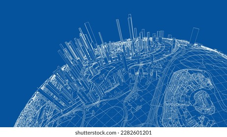 3d city sphere. Vector rendering of 3d. Wire-frame style. The layers of visible and invisible lines are separated