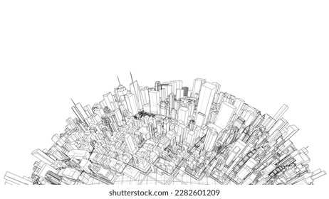 3d city sphere. Vector rendering of 3d. Wire-frame style. The layers of visible and invisible lines are separated