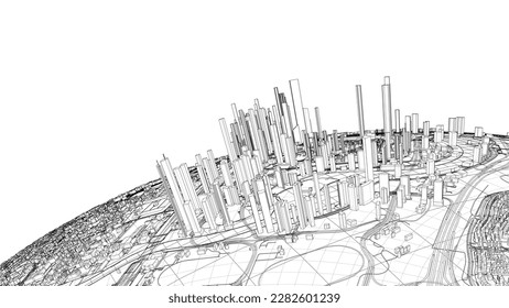 3d city sphere. Vector rendering of 3d. Wire-frame style. The layers of visible and invisible lines are separated