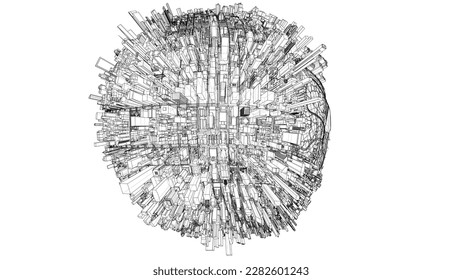 3d city sphere. Vector rendering of 3d. Wire-frame style. The layers of visible and invisible lines are separated