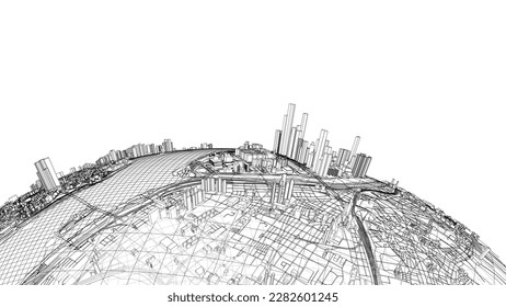 3d city sphere. Vector rendering of 3d. Wire-frame style. The layers of visible and invisible lines are separated