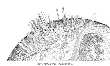 3d city sphere. Vector rendering of 3d. Wire-frame style. The layers of visible and invisible lines are separated