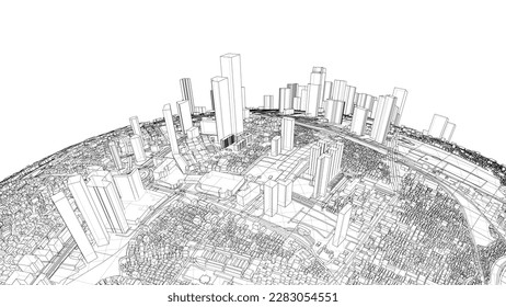 3d city sphere. Vector rendering of 3d. Wire-frame style. The layers of visible and invisible lines are separated