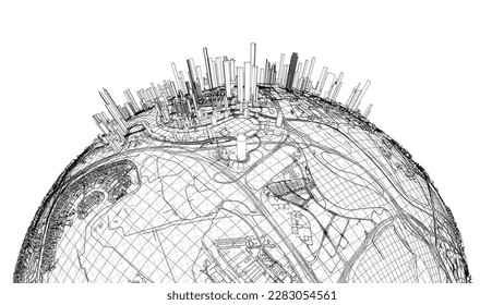 3d city sphere. Vector rendering of 3d. Wire-frame style. The layers of visible and invisible lines are separated