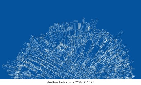 3d city sphere. Vector rendering of 3d. Wire-frame style. The layers of visible and invisible lines are separated