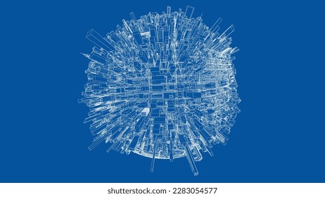 3d city sphere. Vector rendering of 3d. Wire-frame style. The layers of visible and invisible lines are separated