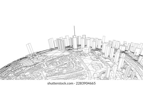 3d city sphere. Vector rendering of 3d. Wire-frame style. The layers of visible and invisible lines are separated