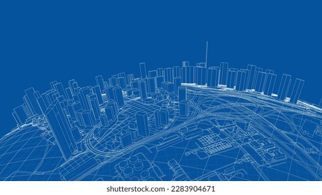 3d city sphere. Vector rendering of 3d. Wire-frame style. The layers of visible and invisible lines are separated