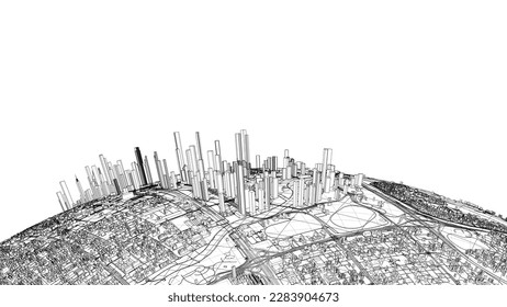 3d city sphere. Vector rendering of 3d. Wire-frame style. The layers of visible and invisible lines are separated