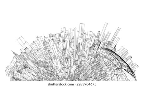 3d city sphere. Vector rendering of 3d. Wire-frame style. The layers of visible and invisible lines are separated