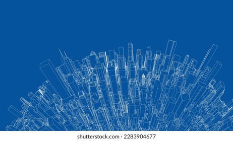 3d city sphere. Vector rendering of 3d. Wire-frame style. The layers of visible and invisible lines are separated