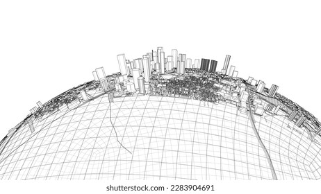 3d city sphere. Vector rendering of 3d. Wire-frame style. The layers of visible and invisible lines are separated