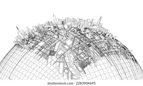 3d city sphere. Vector rendering of 3d. Wire-frame style. The layers of visible and invisible lines are separated