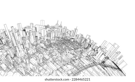 3d city sphere. Vector rendering of 3d. Wire-frame style. The layers of visible and invisible lines are separated