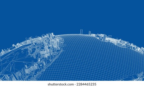 3d city sphere. Vector rendering of 3d. Wire-frame style. The layers of visible and invisible lines are separated