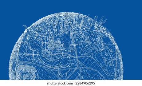 3d city sphere. Vector rendering of 3d. Wire-frame style. The layers of visible and invisible lines are separated