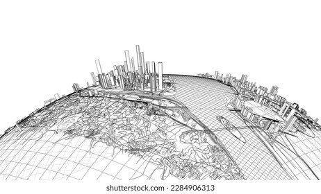 3d city sphere. Vector rendering of 3d. Wire-frame style. The layers of visible and invisible lines are separated