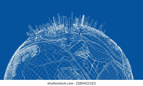 3d city sphere. Vector rendering of 3d. Wire-frame style. The layers of visible and invisible lines are separated