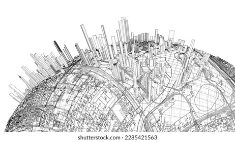 3d city sphere. Vector rendering of 3d. Wire-frame style. The layers of visible and invisible lines are separated