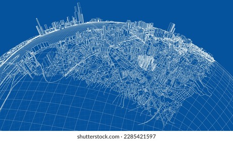 3d city sphere. Vector rendering of 3d. Wire-frame style. The layers of visible and invisible lines are separated