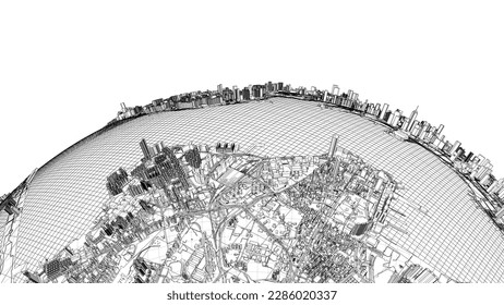 3d city sphere. Vector rendering of 3d. Wire-frame style. The layers of visible and invisible lines are separated