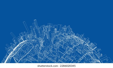 3d city sphere. Vector rendering of 3d. Wire-frame style. The layers of visible and invisible lines are separated