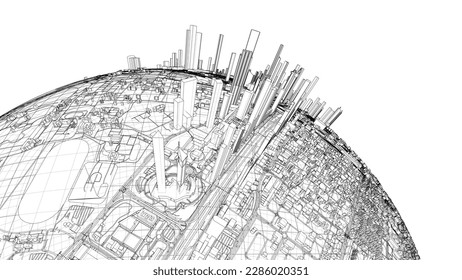3d city sphere. Vector rendering of 3d. Wire-frame style. The layers of visible and invisible lines are separated