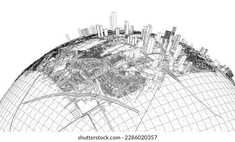 3d city sphere. Vector rendering of 3d. Wire-frame style. The layers of visible and invisible lines are separated