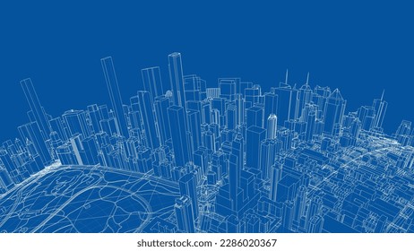 3d city sphere. Vector rendering of 3d. Wire-frame style. The layers of visible and invisible lines are separated