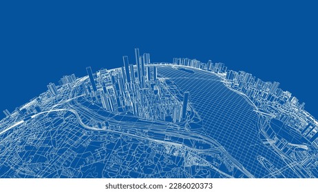 3d city sphere. Vector rendering of 3d. Wire-frame style. The layers of visible and invisible lines are separated