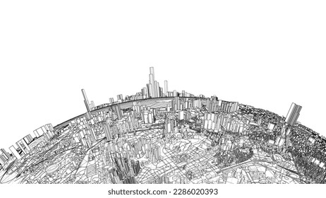3d city sphere. Vector rendering of 3d. Wire-frame style. The layers of visible and invisible lines are separated
