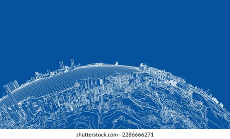 3d city sphere. Vector rendering of 3d. Wire-frame style. The layers of visible and invisible lines are separated