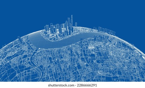 3d city sphere. Vector rendering of 3d. Wire-frame style. The layers of visible and invisible lines are separated