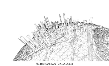3d city sphere. Vector rendering of 3d. Wire-frame style. The layers of visible and invisible lines are separated