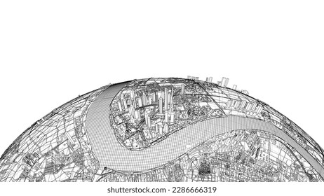 3d city sphere. Vector rendering of 3d. Wire-frame style. The layers of visible and invisible lines are separated