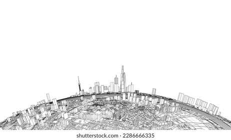 3d city sphere. Vector rendering of 3d. Wire-frame style. The layers of visible and invisible lines are separated