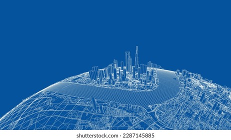 3d city sphere. Vector rendering of 3d. Wire-frame style. The layers of visible and invisible lines are separated