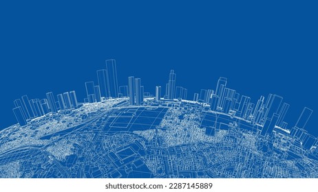 3d city sphere. Vector rendering of 3d. Wire-frame style. The layers of visible and invisible lines are separated