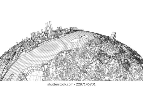 3d city sphere. Vector rendering of 3d. Wire-frame style. The layers of visible and invisible lines are separated