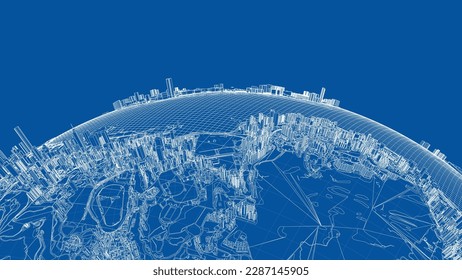 3d city sphere. Vector rendering of 3d. Wire-frame style. The layers of visible and invisible lines are separated