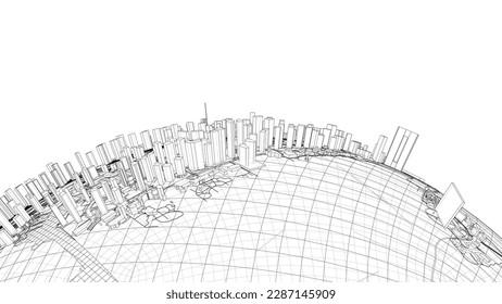 3d city sphere. Vector rendering of 3d. Wire-frame style. The layers of visible and invisible lines are separated