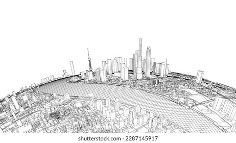 3d city sphere. Vector rendering of 3d. Wire-frame style. The layers of visible and invisible lines are separated