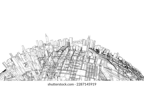 3d city sphere. Vector rendering of 3d. Wire-frame style. The layers of visible and invisible lines are separated