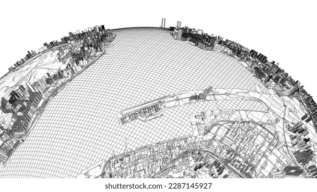 3d city sphere. Vector rendering of 3d. Wire-frame style. The layers of visible and invisible lines are separated