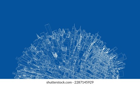 3d city sphere. Vector rendering of 3d. Wire-frame style. The layers of visible and invisible lines are separated