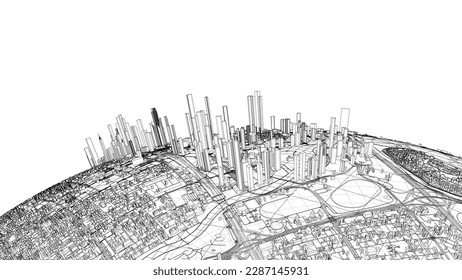 3d city sphere. Vector rendering of 3d. Wire-frame style. The layers of visible and invisible lines are separated