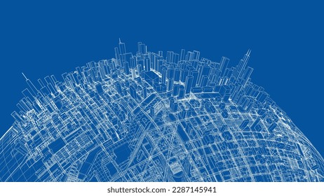 3d city sphere. Vector rendering of 3d. Wire-frame style. The layers of visible and invisible lines are separated