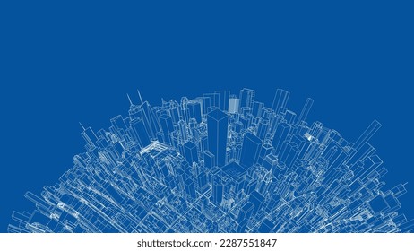 3d city sphere. Vector rendering of 3d. Wire-frame style. The layers of visible and invisible lines are separated